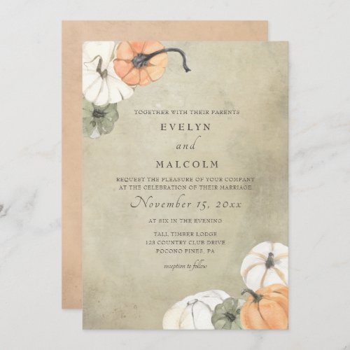 Rustic Fall Autumn White Orange Pumpkins Wedding Invitation