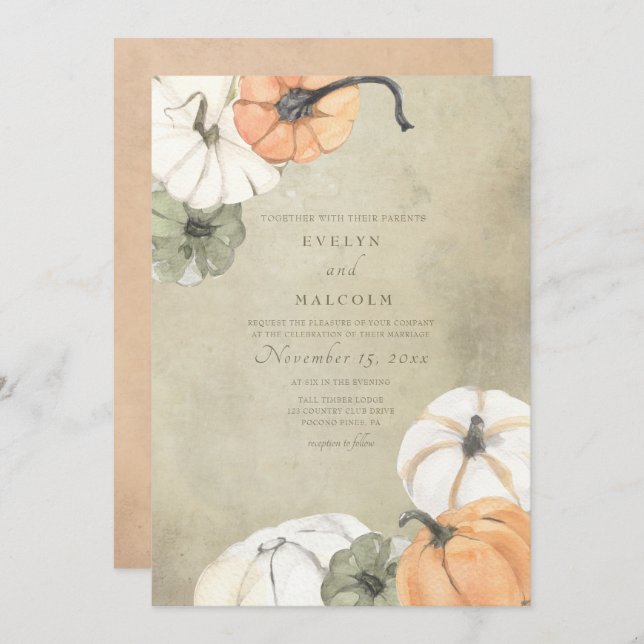 Rustic Fall Autumn White, Orange Pumpkins Wedding Invitation (Front/Back)
