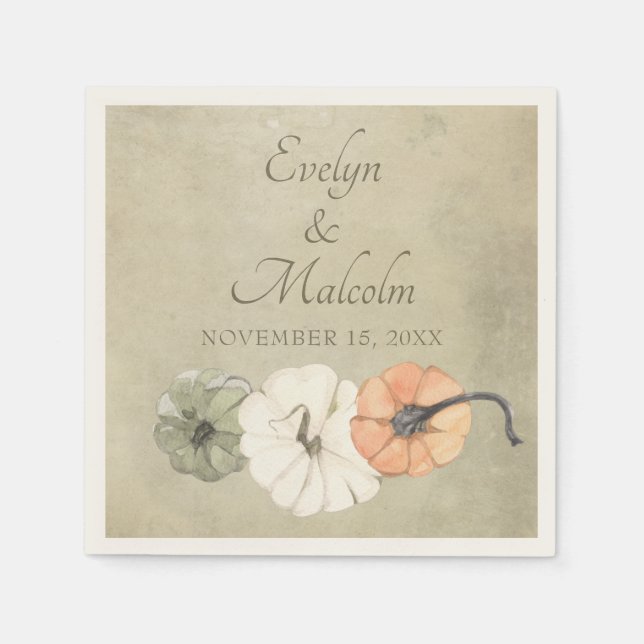 Rustic Fall Autumn White, Orange Pumpkins Wedding Napkins (Front)