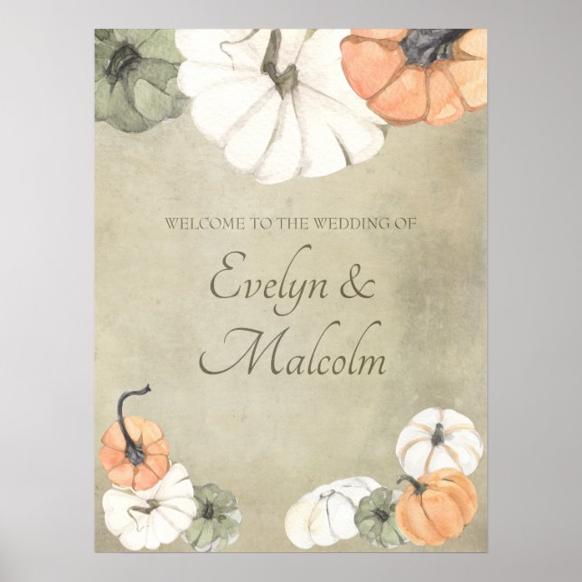 Rustic Fall Autumn White, Orange Pumpkins Wedding Poster (Front)