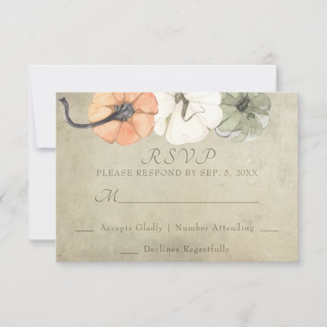 Rustic Fall Autumn White, Orange Pumpkins Wedding RSVP Card (Front)