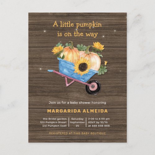 Rustic Fall Baby Shower Boy Little Pumpkin Autumn Invitation Postcard