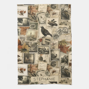 Rustic Fall Birds Pumpkins Antique Postage Kitchen Towel