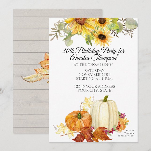 Rustic Fall Birthday Party Pumpkin Leaf Sunflower Invitation (Front/Back)