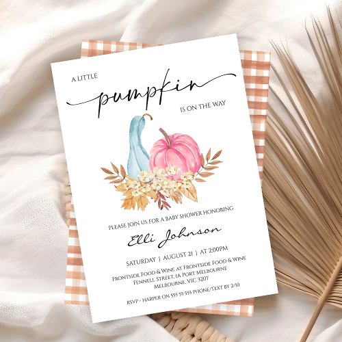 Rustic Fall Blue Pink Pumpkin Baby Shower Invitation