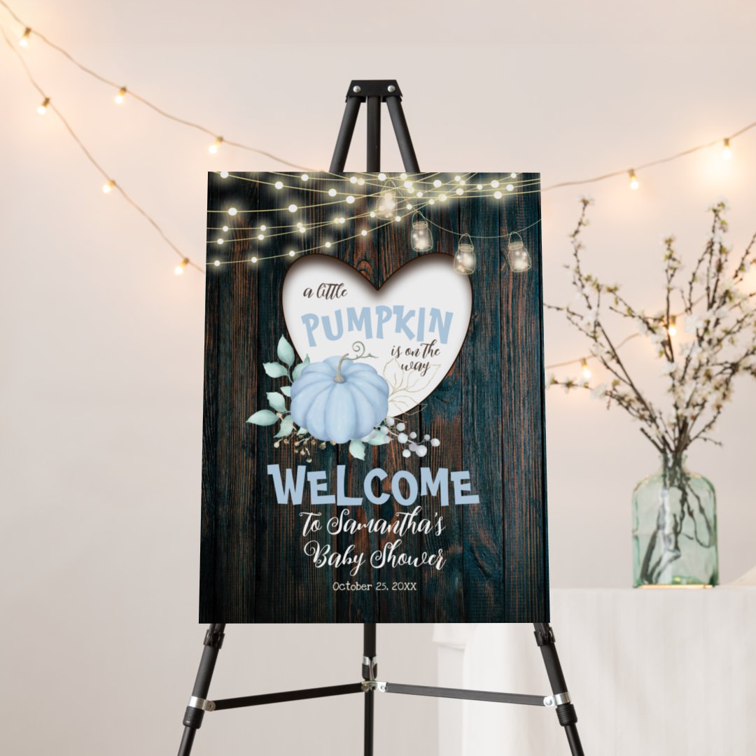 Rustic Fall Blue Pumpkin Boy Baby Shower welcome Foam Board | Zazzle