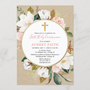 Rustic fall blush pink white floral girl communion invitation