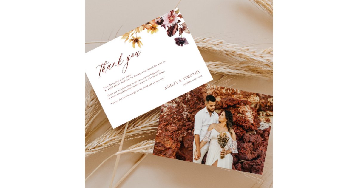 Rustic Fall Boho Wedding Photo Thank You Card | Zazzle