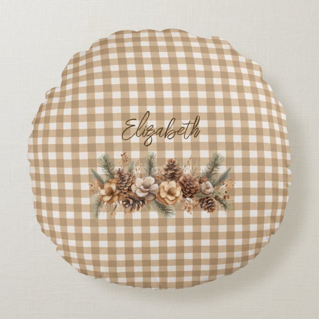 Rustic Fall Botanical Brown Gingham Personalized  Round Pillow (Front)