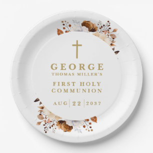 Rustic Fall Botanical Modern First Holy Communion Paper Plates