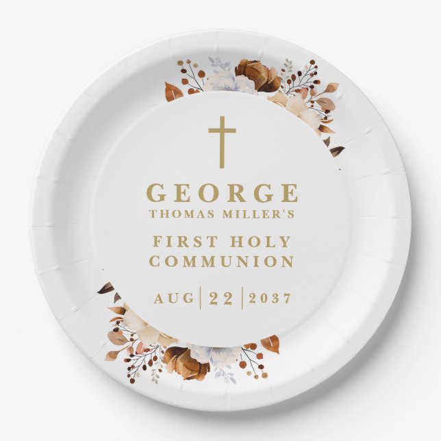 Rustic Fall Botanical Modern First Holy Communion Paper Plates (Front)