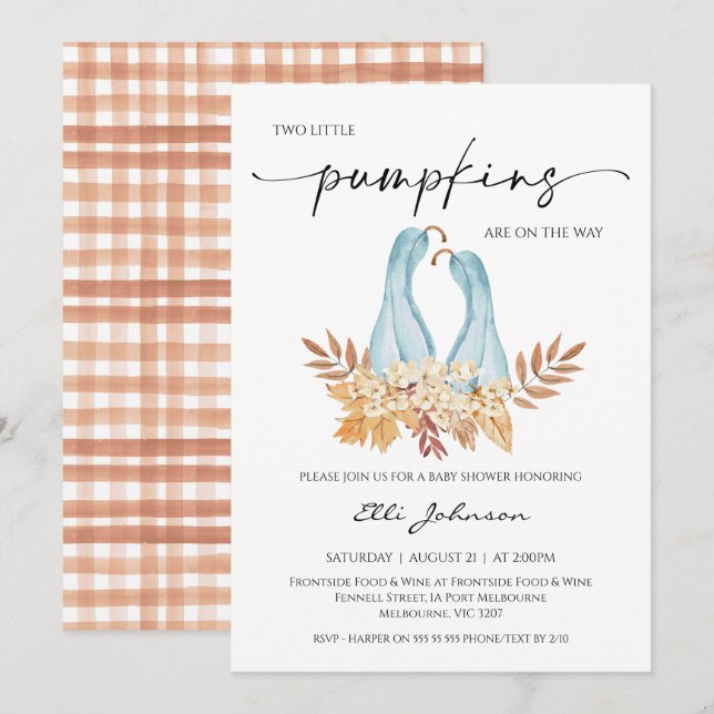 Rustic Fall Boy Twins Pumpkins Baby Shower Invitation (Front/Back)