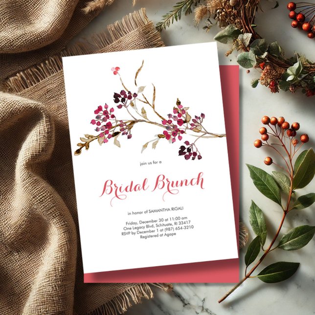 Rustic Fall Bridal Brunch Invitation With Berries (Rustic botanical fall and winter bridal shower invitations watercolor twigs and berries)