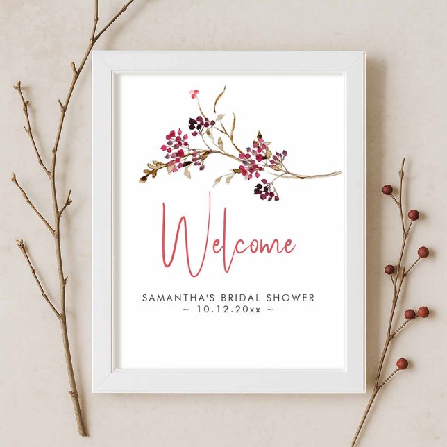 Rustic Fall Bridal Shower Themes Welcome Sign (rustic bridal shower sign with watercolor berries and twigs for fall and winter themes)