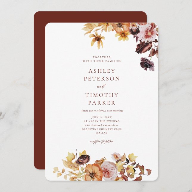 Rustic Fall Burgundy Boho Floral Wedding Invitation (Front/Back)