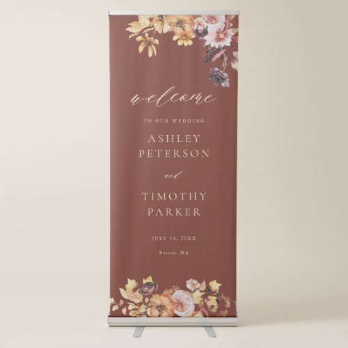 Rustic Fall Burgundy Boho Floral Wedding Welcome Retractable Banner