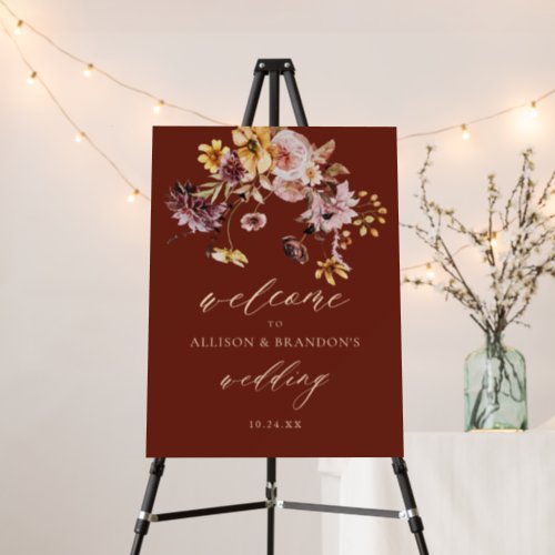 Rustic Fall Burgundy Floral Wedding Welcome Sign