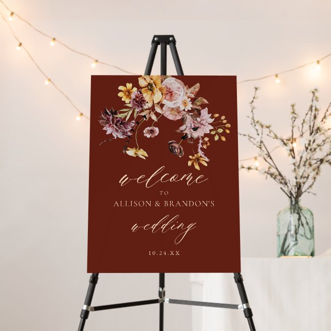 Rustic Fall Burgundy Floral Wedding Welcome Sign (In Situ (Stand))