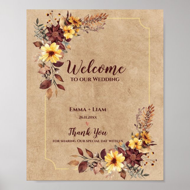 Rustic Fall Burgundy Floral Welcome To Our Wedding Poster (Front)