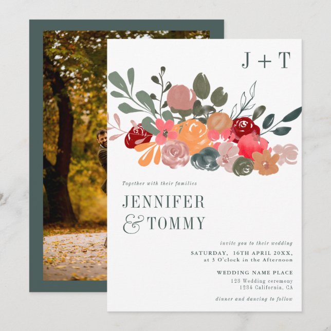 Rustic fall burgundy green floral photo wedding invitation (Front/Back)