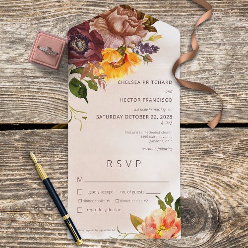 Rustic Fall Burgundy  Yellow Floral Tan Dinner All In One Invitation