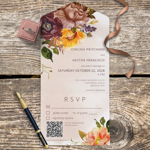 Rustic Fall Burgundy  Yellow Floral Tan QR Code All In One Invitation