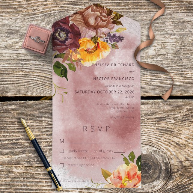 Rustic Fall Burgundy Yellow Floral Wine Dinner All In One Invitation (Creator Uploaded)