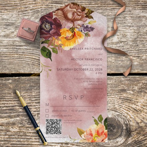 Rustic Fall Burgundy Yellow Floral Wine QR Code All In One Invitation