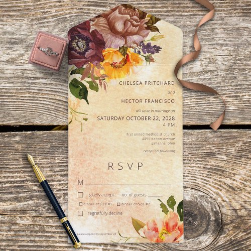 Rustic Fall Burgundy  Yellow Floral Yellow Dinner All In One Invitation