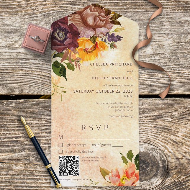 Rustic Fall Burgundy Yellow Floral Yellow QR Code All In One Invitation (Creator Uploaded)