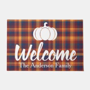 Rustic Fall Colors Plaid Welcome   Personalized Doormat