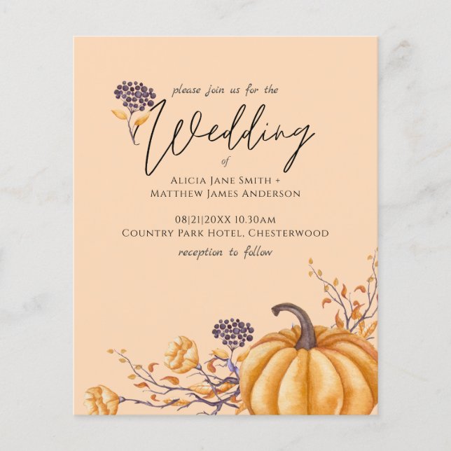 Rustic Fall Coral Pumpkin Budget Wedding Invites (Front)