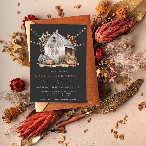 Rustic Fall Country Barn String Lights Wedding Invitation