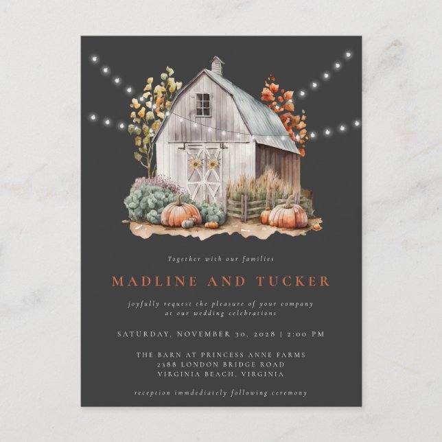 Rustic Fall Country Barn String Lights Wedding Postcard (Front)