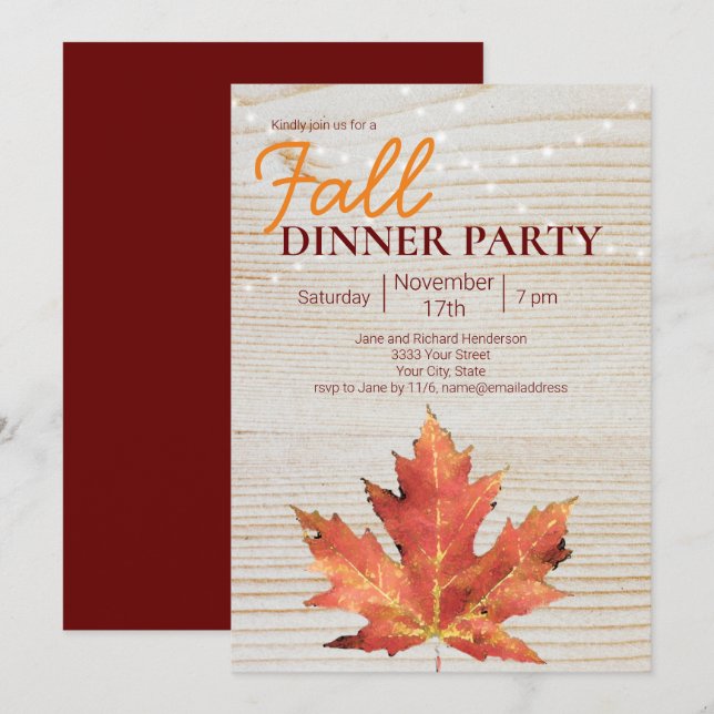 Rustic Fall Dinner Party Wood String Lights Invitation (Front/Back)