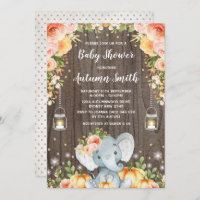 Rustic Fall Elephant Baby Shower Autumn Floral Invitation