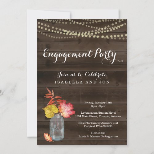 Rustic Fall Engagement Party Invitation - Hand drawn Watercolor fall leaves and mason jar complement the season beautifully.