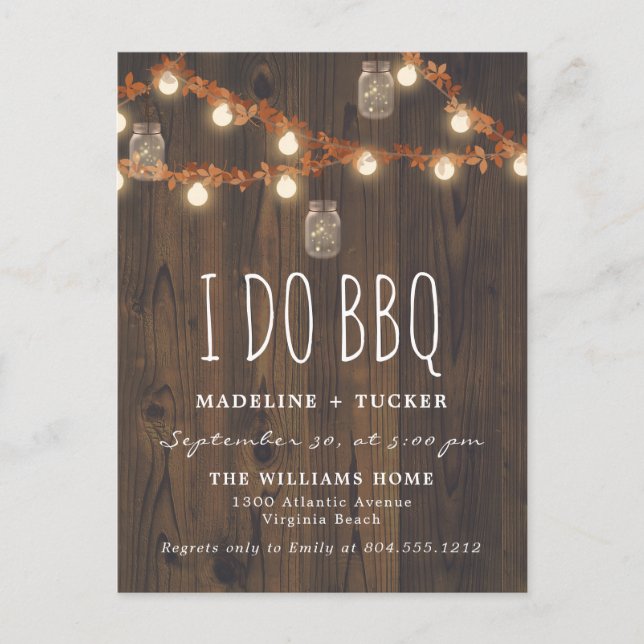 Rustic Fall Fairy Lights and Leaves I Do BBQ  Announcement Postcard (Front)