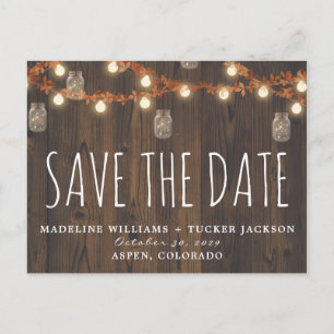 Rustic Fall Fairy Lights and Leaves Save the Date Announcement Postcard