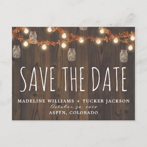 Rustic Fall Fairy Lights and Leaves Save the Date  Announcement Postcard