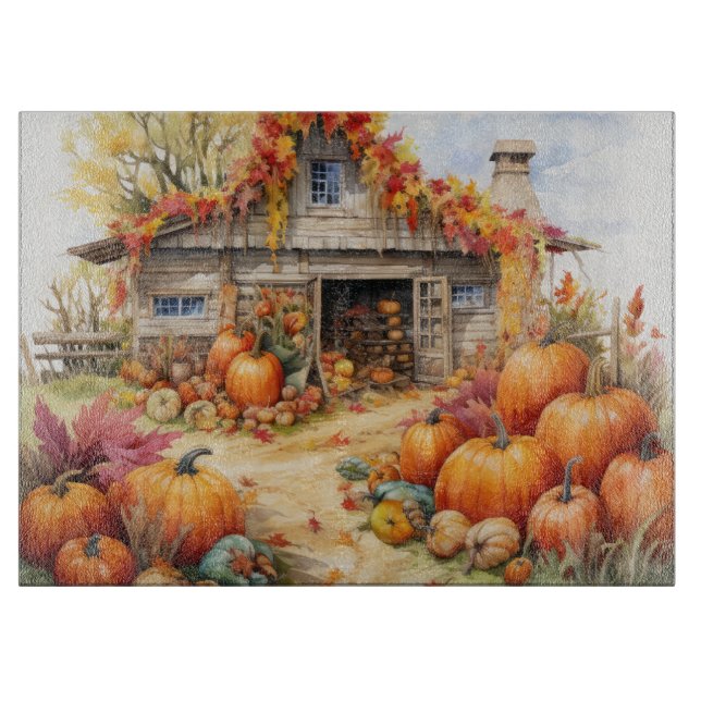 RUSTIC FALL FARMHOUSE WITH AUTUMN PUMPKINS CUTTING BOARD (Front)
