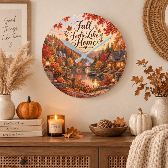 Rustic Fall Feels Like Home Illustration Round Clock (Creator Uploaded)