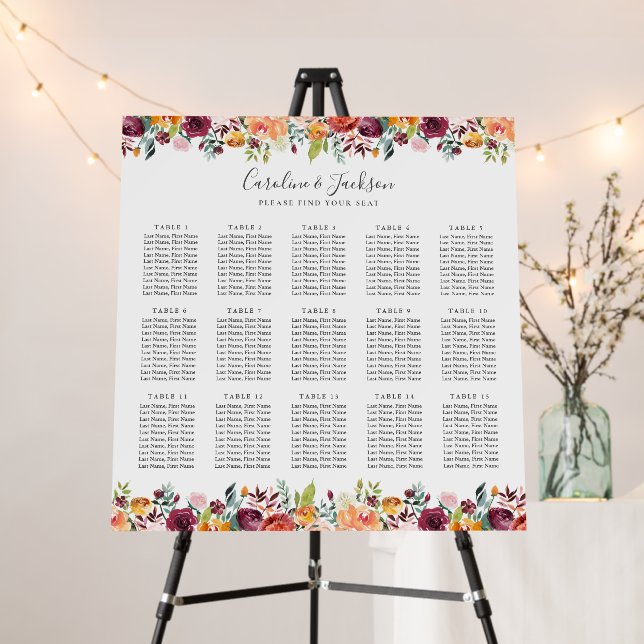 Rustic Fall Floral 15-Table Wedding Seating Chart Foam Board (In Situ (Stand))