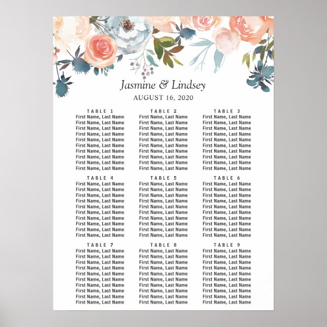 Rustic Fall Floral 9 Tables Wedding Seating Chart (Front)