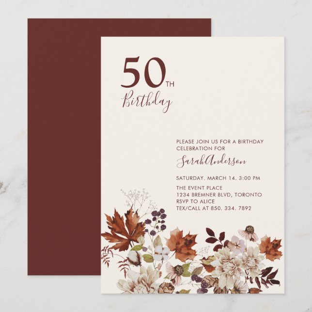 Rustic Fall Floral Adult Milestone Birthday Party  Invitation (Front/Back)