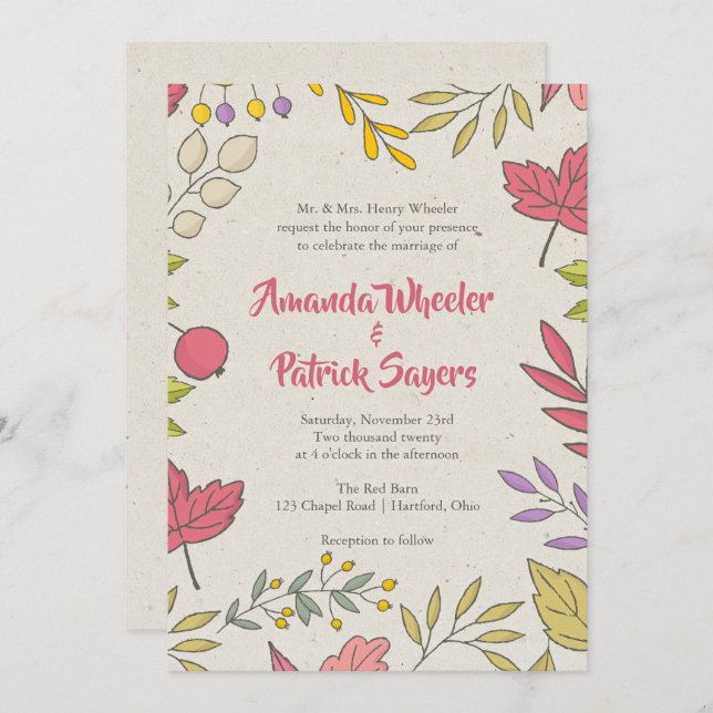 Rustic Fall Floral Autumn Wedding Invitation (Front/Back)