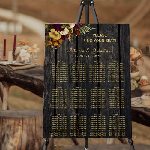 Rustic fall floral barn wood wedding seating chart foam board