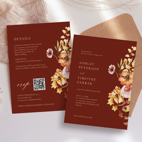 Rustic Fall Floral Boho Maroon Wedding QR Invitation