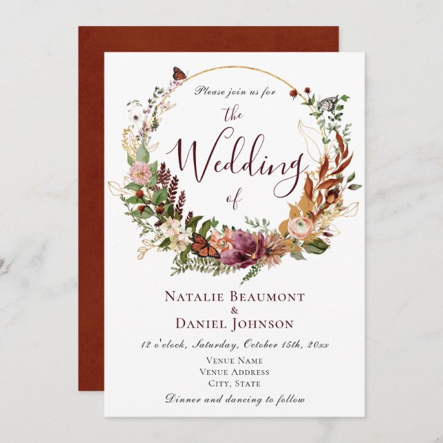 Rustic Fall Floral & Botanical Wedding Invitation (Front/Back)