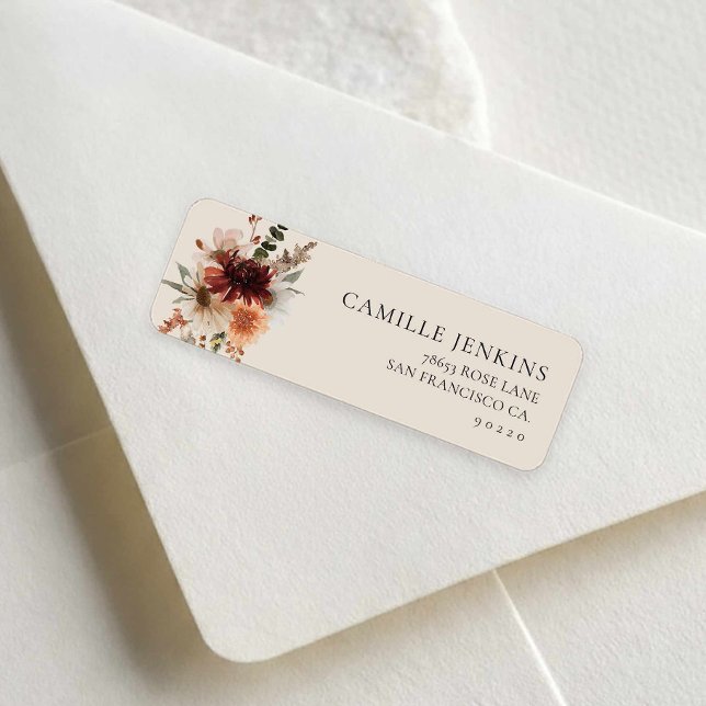 Rustic Fall Floral Bridal Shower Label (Fall Burgundy Floral Return Address Label)